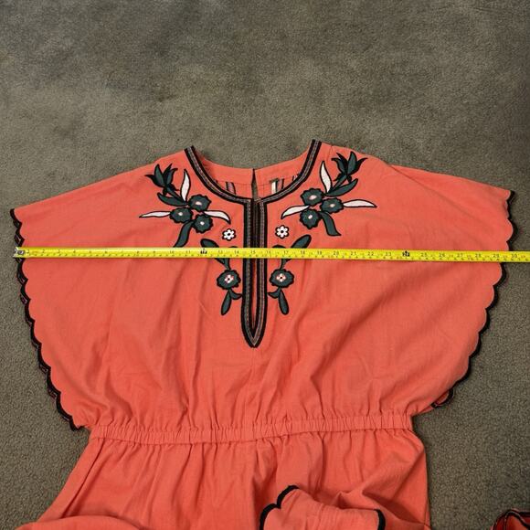 Free People Sophia Embroidered Romper Coral Orange Boho Floral Scalloped Large - Picture 13 of 15